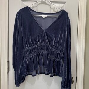 True Craft Blue Smocked Wrap Blouse with Long Sleeves